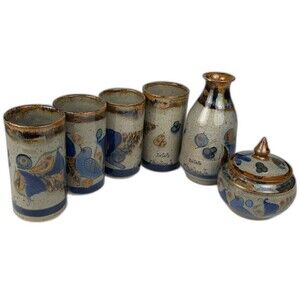 Vtg Tonala Mexican Pottery Set 6pc Ixtapa Zihuatanejo Blue Bird As-Is Decor